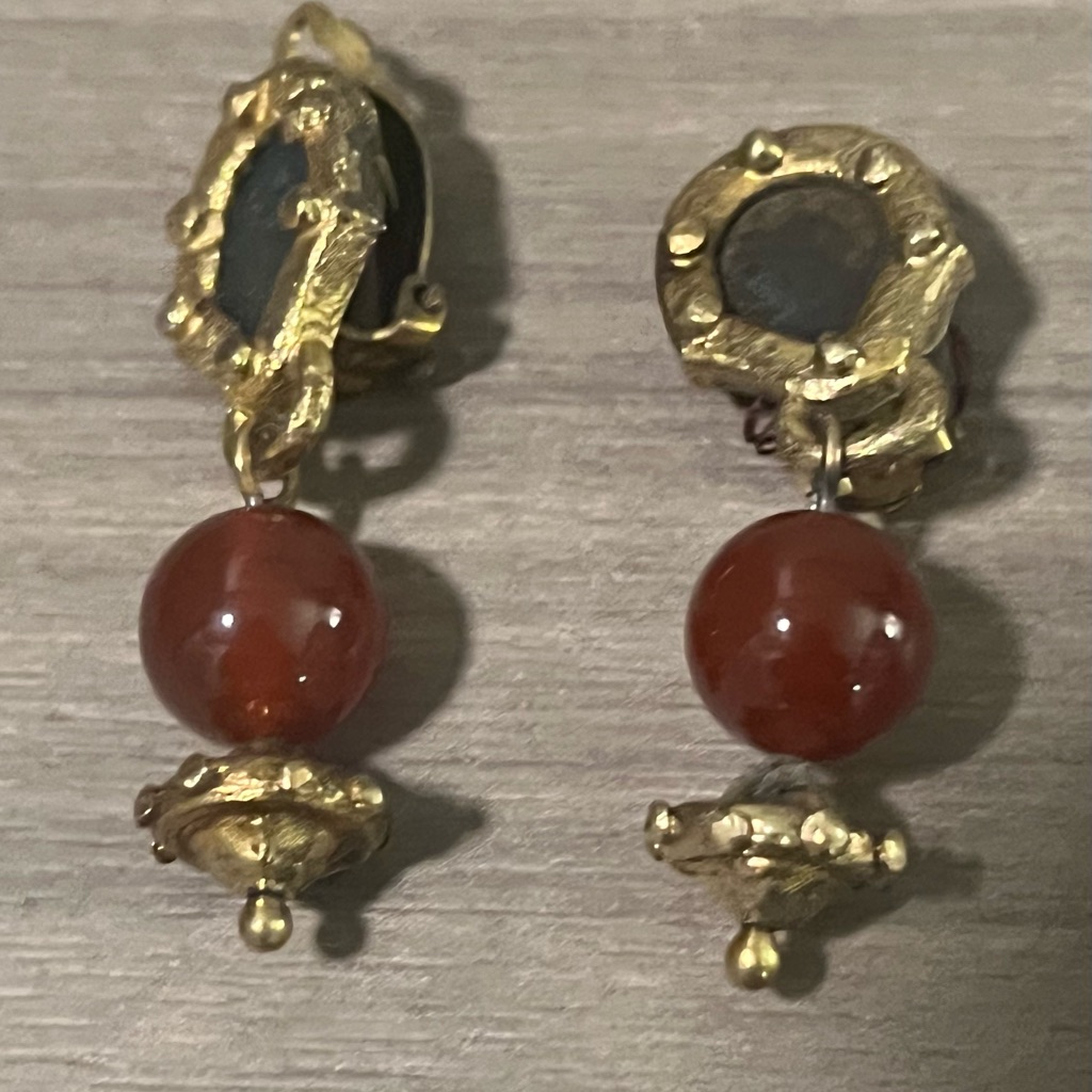 Statement Drop Earrings With Gold Accents And Rust Stone 100$